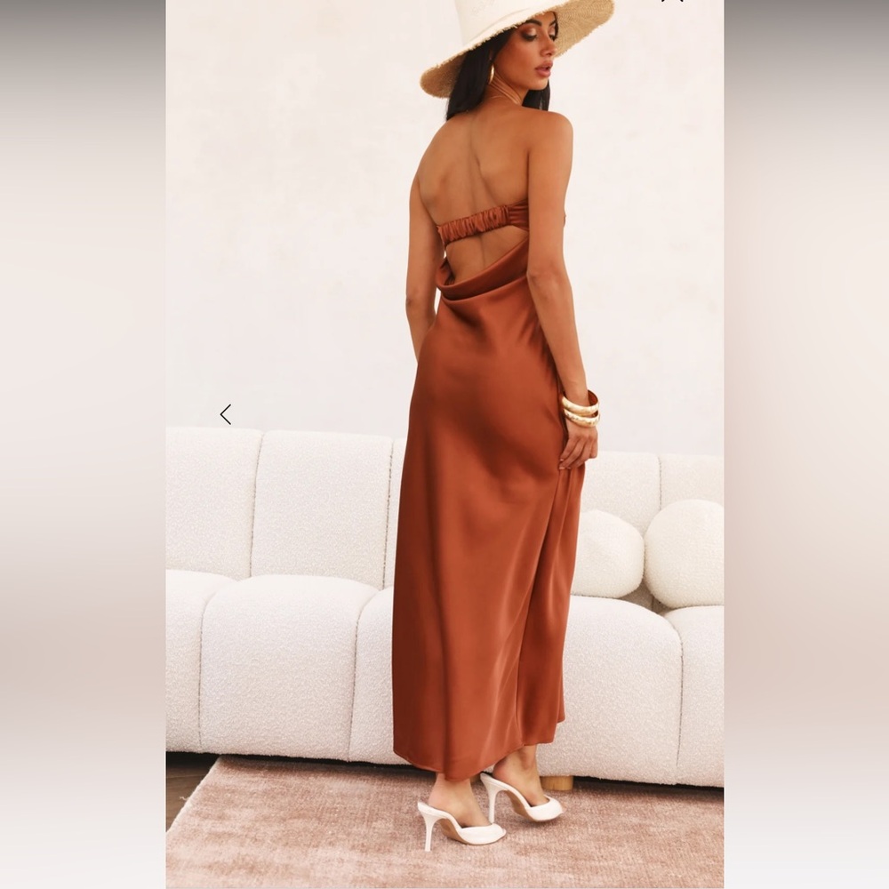 Hello Molly Strapless Satin Dress in Rich Brown - Picture 3 of 5